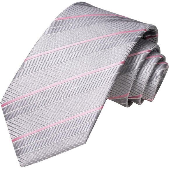 Mens Grey Pink Tie Set Solid Paisley Necktie Pocket Square Cufflinks Formal Silk - Picture 5 of 6
